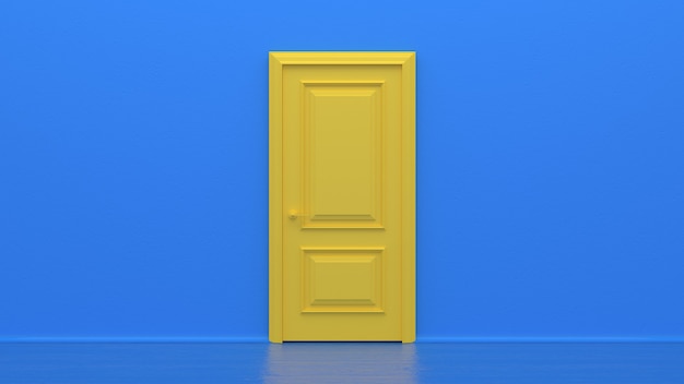 Yellow closed door on blue wall