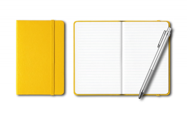 Yellow closed and open notebooks with a pen isolated on white