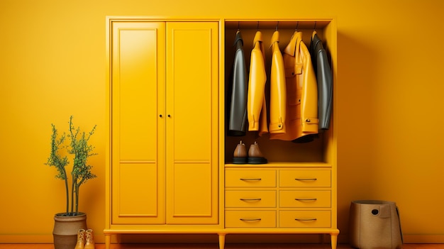 Yellow closet for clothes and shoes closet hallway indoors yellow background minimalist retro style