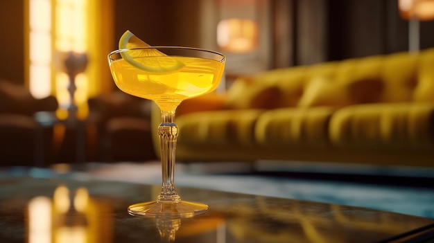 Yellow cocktail glass in a yellow luxury interior Generative ai