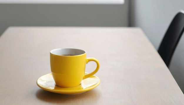 Yellow coffee cup on table with copy space