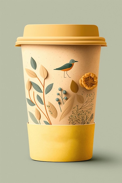 A yellow coffee cup with a bird on it.