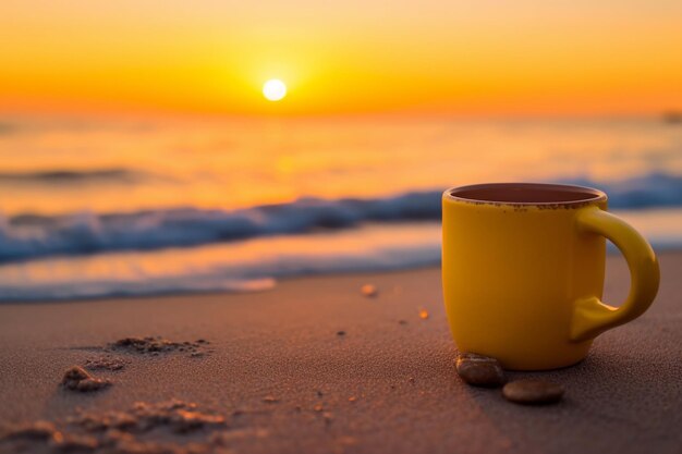 A yellow coffee mug sits on the beach with a sunset in the background.