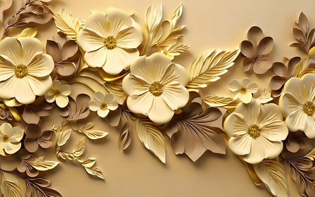 Photo yellow color 3d wall leaf flower leaf background wallpaper