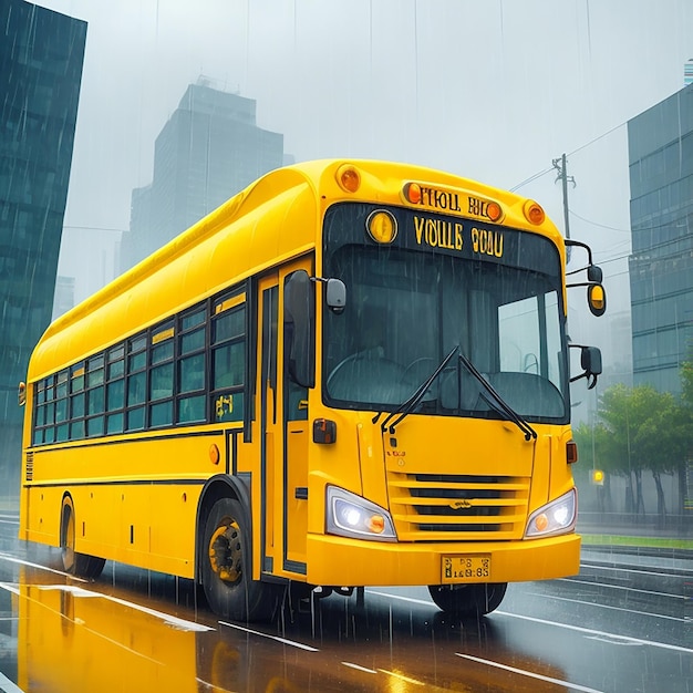 A yellow color school bus on a street generated by ai