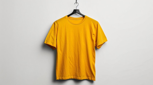 A Yellow color tshirt hanging on hanger against white background mockup