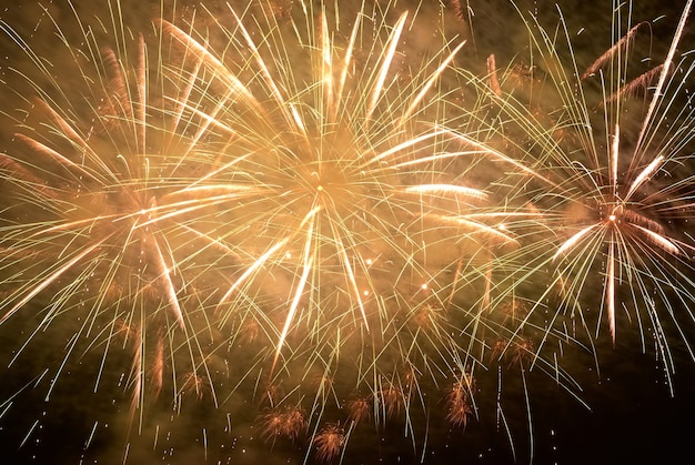 Fuochi d'artificio di vacanza colorati gialli sul cielo nero