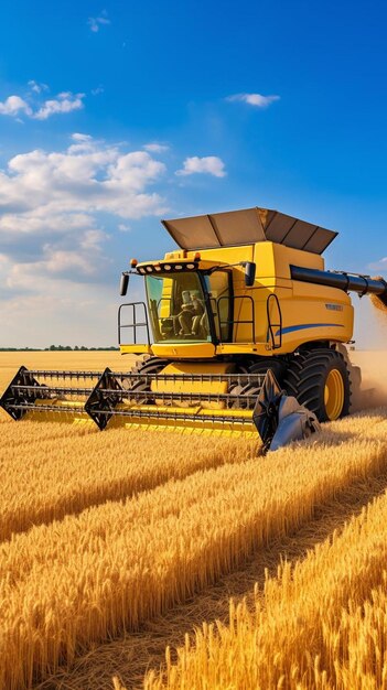 a yellow combine harvester in the middle of a wheat field