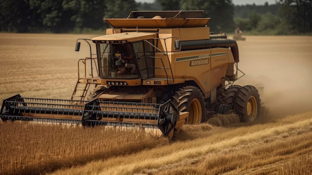 A yellow combine is driving through a field.