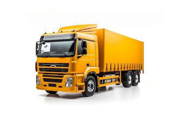 Yellow commercial Industrial cargo delivery truck isolated on white background Copy space