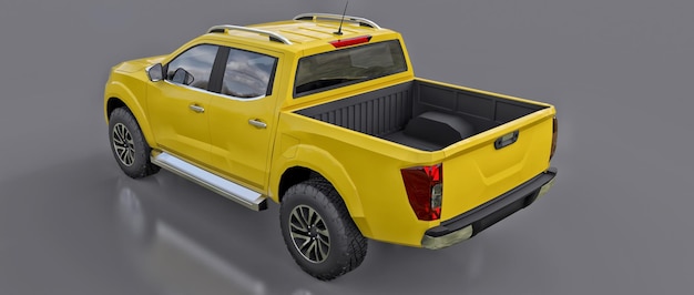 Yellow commercial vehicle delivery truck with a double cab. Machine without insignia with a clean empty body to accommodate your logos and labels. 3d rendering.