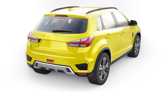 디자인 3d 렌더링을 위한 빈 몸체가 있는 흰색 균일한 배경에 노란색 소형 도시 SUV