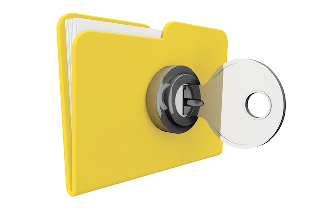 Yellow computer folder with key on a white background