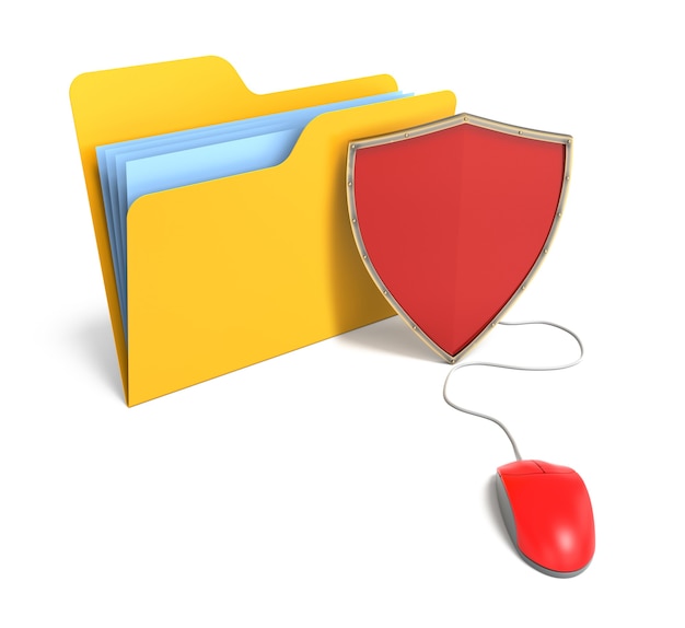 Yellow Computer Folder with Shield. 3D Rendering