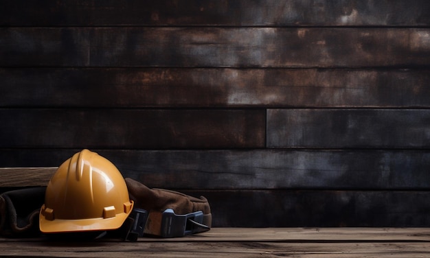 A yellow construction helmet sits on a wooden floor with a piece of cardboard in front of a wooden wall.