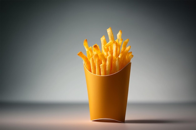 Foto viene mostrato un contenitore giallo di patatine fritte con sopra la parola francese.