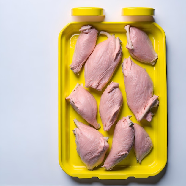 A yellow container with raw chicken wings on it.