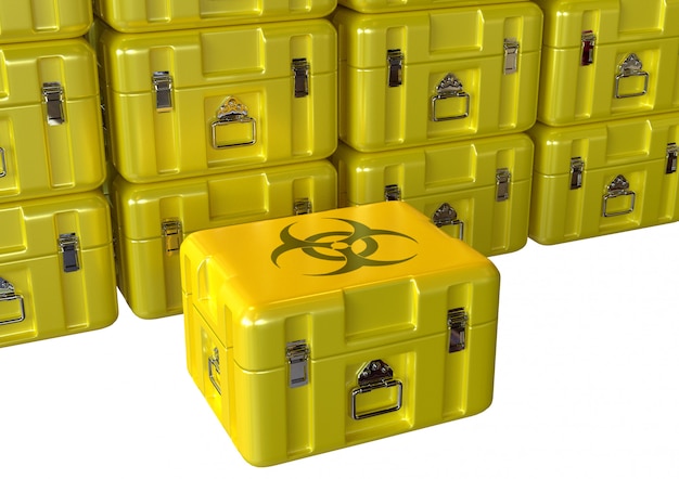 흰색 배경 위에 절연 처리를 기다리는 노란색 오염 된 의료 생물 학적 상자