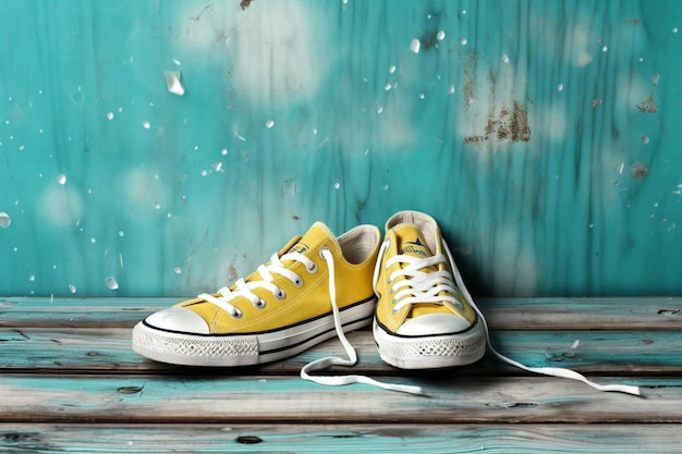 A yellow converse shoe is on a blue background with the word converse.