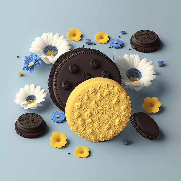 A yellow cookie with a black circle around it and flowers on the table.