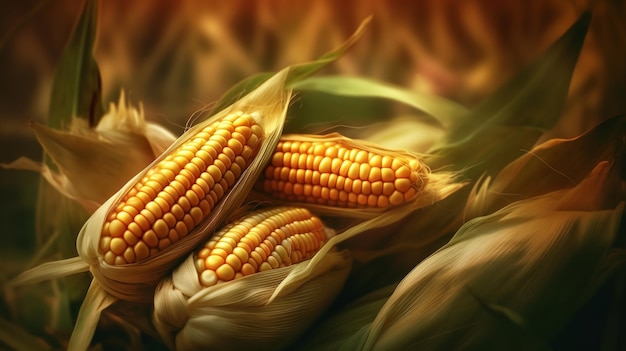 Yellow corn on the soil Agriculture farm food background Grains of ripe corn Generative AI