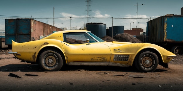 Yellow corvette car parked in front of a rusty building with a blue truck behind it generative ai