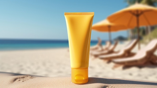 Photo yellow cosmetic sunscreen with blank front