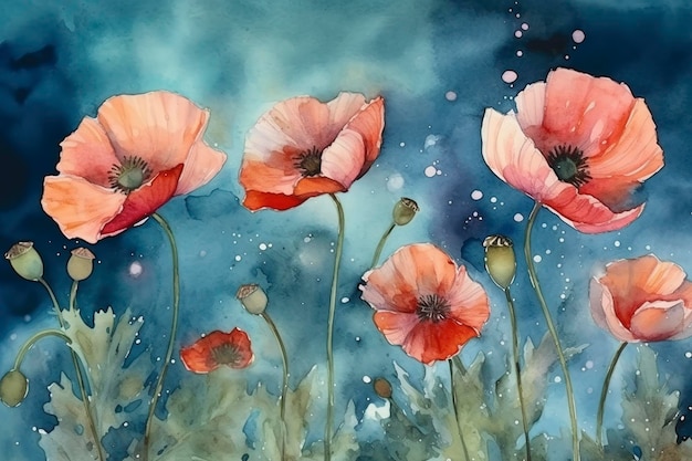 Yellow cosmos flowers image mix with painted watercolor on paper generate ai