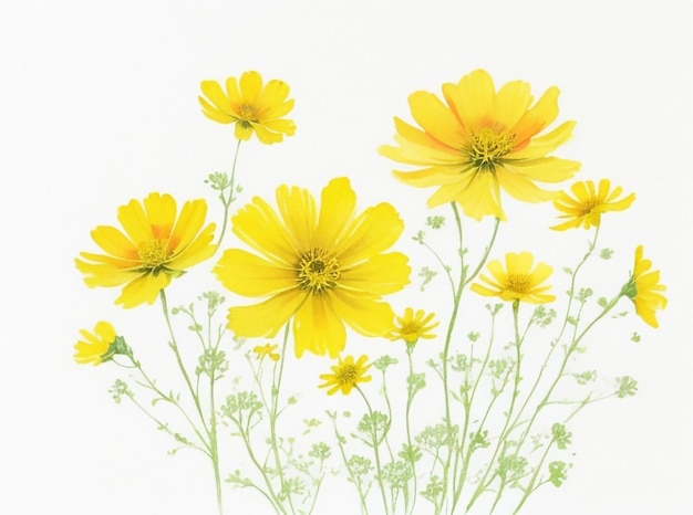 Yellow Cosmos Flowers Image Mixed with Painted Watercolor Background