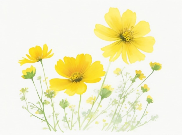 그려진 수채화 배경과 혼합된 노란색 코스모스 꽃 이미지