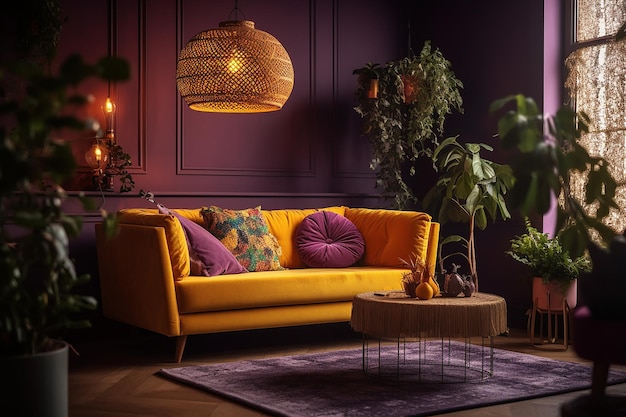 A yellow couch in a dark room with a lamp hanging from the ceiling.