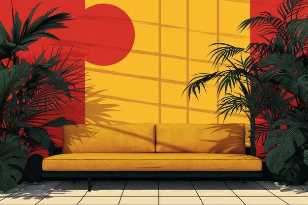 赤と黄色の壁の前の黄色いソファ