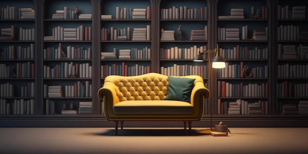 A yellow couch in a library with a bookcase in the background