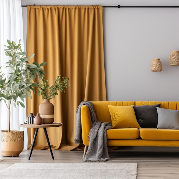 yellow couch in a living room with a plant and a lamp generative ai