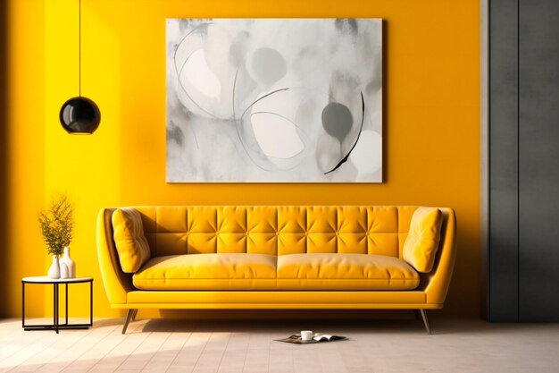 A yellow couch in a living room