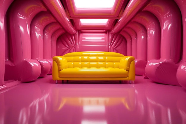 A yellow couch sitting in the middle of a pink room AI