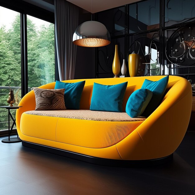 a yellow couch with blue pillows and a clock on the wall