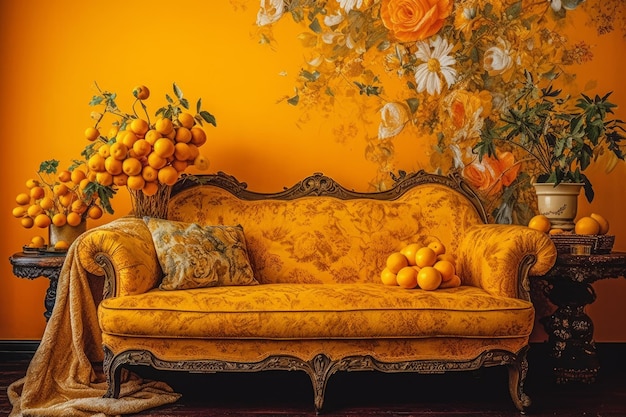 A yellow couch with oranges and flowers on it.