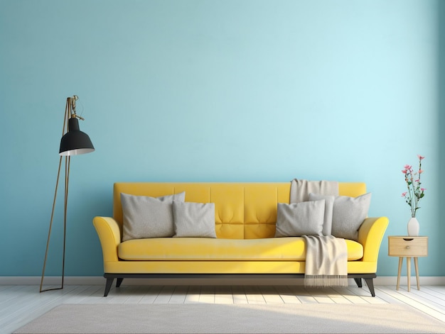 a yellow couch with pillows on it and a lamp in the corner