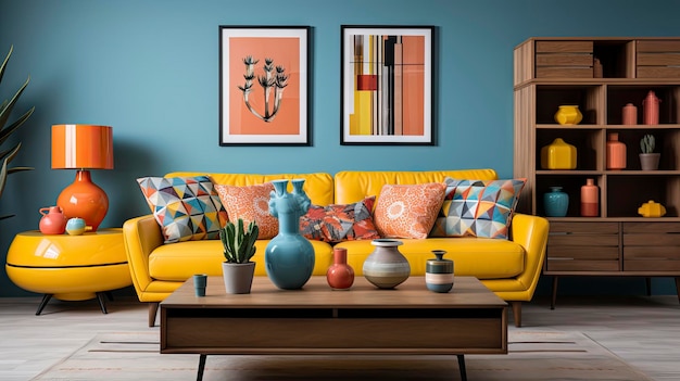 a yellow couch with pillows and a painting on the wall