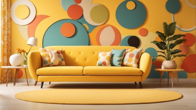 a yellow couch with pillows and a wall painted with a colorful wall behind it