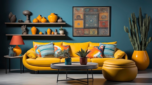 a yellow couch with a yellow chair and a coffee table with a yellow sofa and a wall hanging above it.