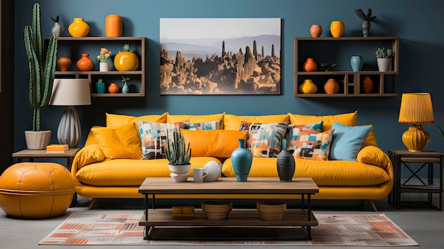 желтый диван с желтым диваном и желтый диван с картиной на стене позади него.