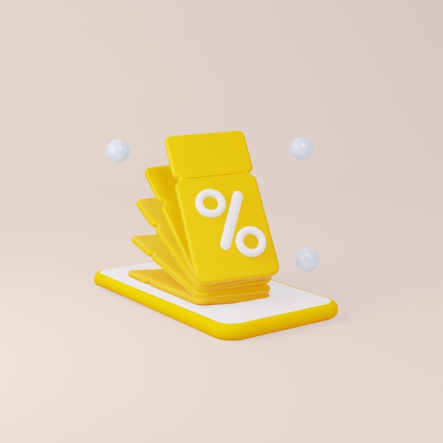 Yellow coupons on a mobile phone 3d rendering