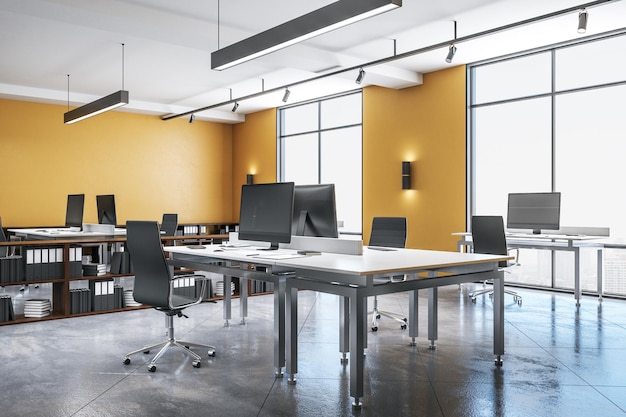 Photo yellow coworking office interior with city view daylight furniture and equipment 3d rendering