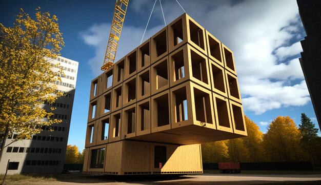 A yellow crane lifts a building with a large yellow crane.