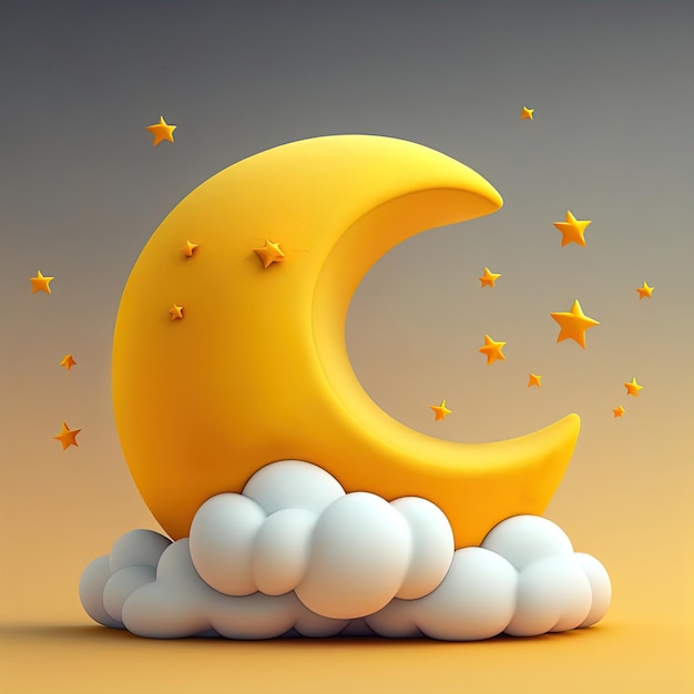 Yellow Crescent moon with stars and cute clouds with smiles in smooth 3d style Baby decoration for sleep products design