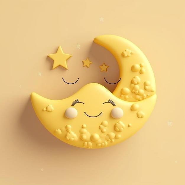 A yellow crescent moon with stars is on a beige background.