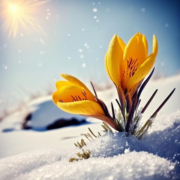 Yellow Crocus spring flowers growing in snow