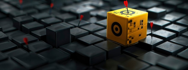 A yellow cube with a target on it stands out from black cubes